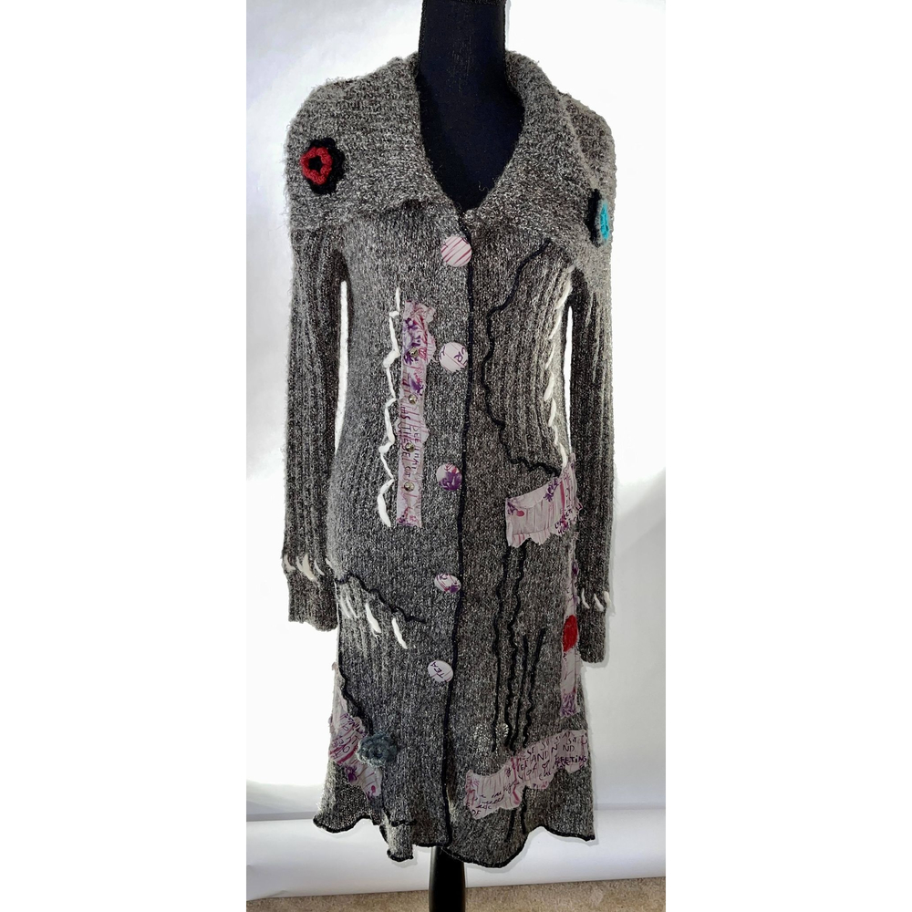Monroe & Main Patchwork Cardigan Medium Embroidered Gray
